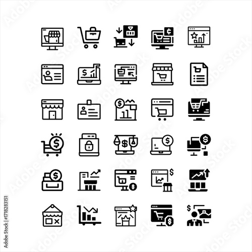 A grid of 25 black and white icons representing e commerce and business concepts