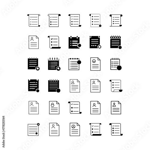 Collection of business and data analysis icons representing reports charts spreadsheets and documents