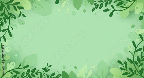 A soft green background is bordered by stylized green leaves and branches on all sides, with small circular shapes scattered throughout.