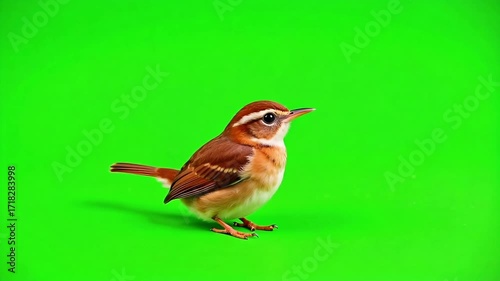 Animated rufous wren hopping playfully on vibrant green screen, ideal for nature documentaries or educational content on avian wildlife footage