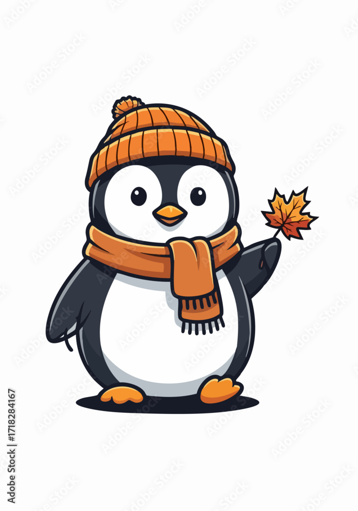 Obraz premium Autumn animals depicted with cute penguin wearing warm clothes isolated on white backdrop. Autumn animals illustration displays orange scarf and hat, holding maple leaf,