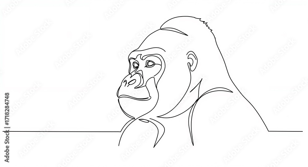 Obraz premium Pensive gorilla, thoughtful, animal in profile, in a continuous line drawing style with copy space