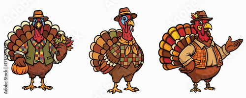 Three cute cartoon turkey birds wearing autumn clothes isolated on white, depicting festive thanksgiving themes. These cartoon turkey birds are adorned in stylish hats and vests,