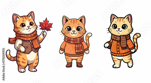 Three cats in autumn clothing isolated on white, these charming kittens, all cats in autumn clothing, wear seasonal outfits. Cute feline friends in fall sweaters, holding maple leaf,