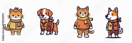 Animals in autumn clothes isolated on white background shows cartoon dogs and cartoon cats wearing scarves and vests. Adorable animals in autumn clothes are dressed for fall weather,