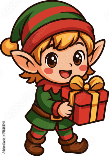 Cartoon Christmas elf in green costume holding a present box with red ribbon. Cute kawaii holiday character, isolated on white background.