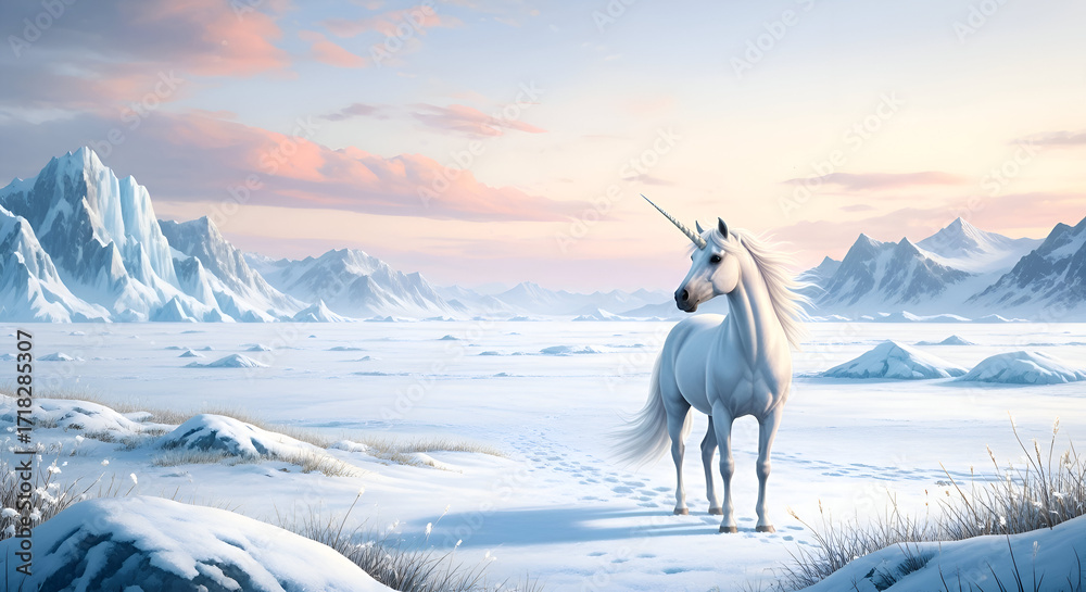 Fototapeta premium A white unicorn standing in a snowy landscape with mountains far