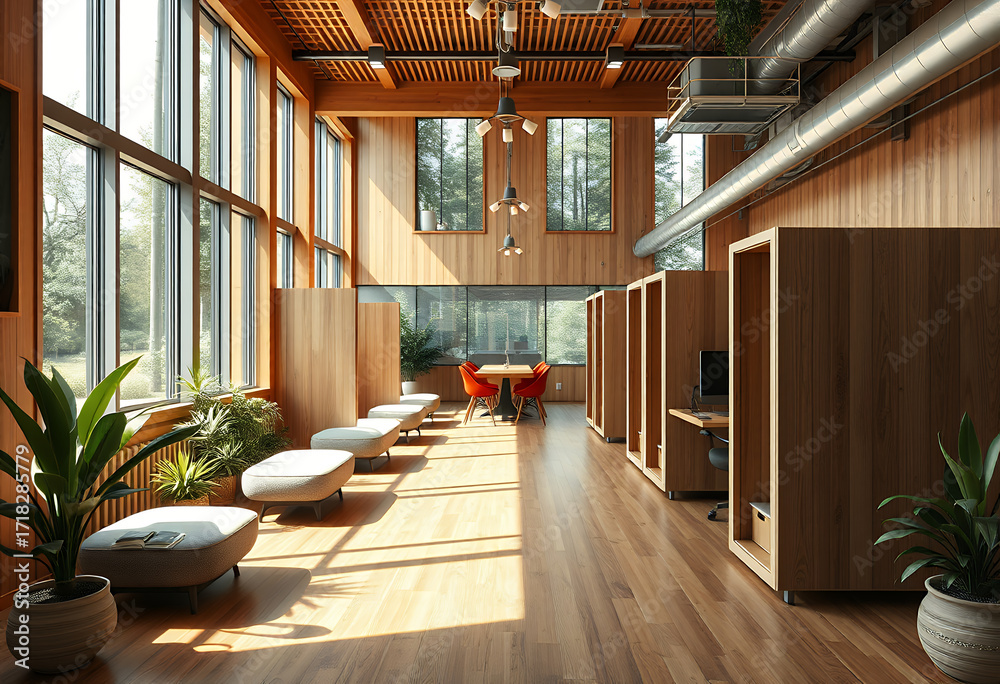 Fototapeta premium Modern Office Interior with Wooden Accents and Natural Light 