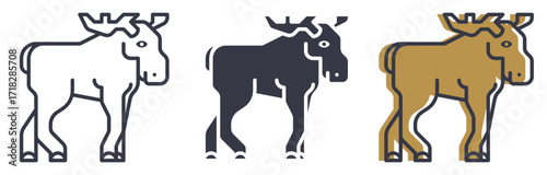 Stylized Elk or Moose Icon Set. A set of modern, flat icons featuring a stylized elk or moose in three variations: a simple outline, a solid silhouette, and a colored version. 