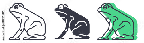 Stylized Toad or Frog Icon Set. A set of modern, flat icons featuring a stylized toad or frog. The design is presented in three variations: a simple outline, a solid silhouette, and a colored version 