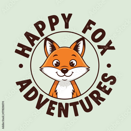 Cute cartoon fox character with happy fox adventures text logo
