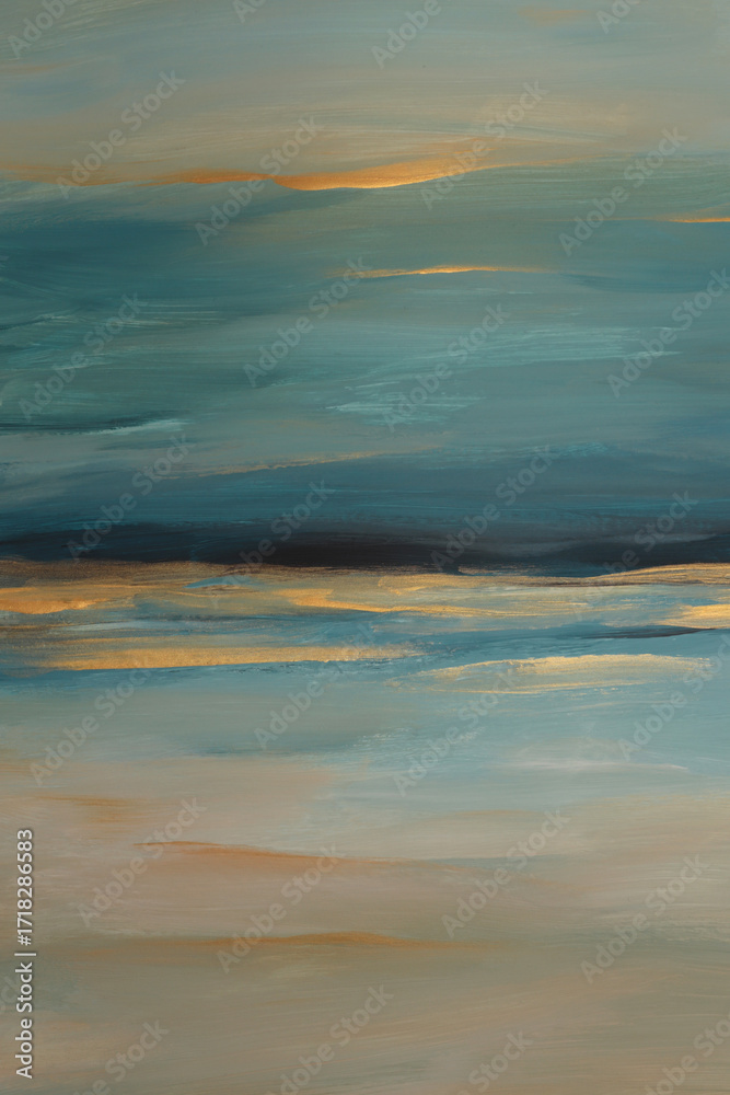 Fototapeta premium Art oil, Acrylic brush stroke smear blot painting sea landscape canvas. Abstract texture gold, blue color stain background.