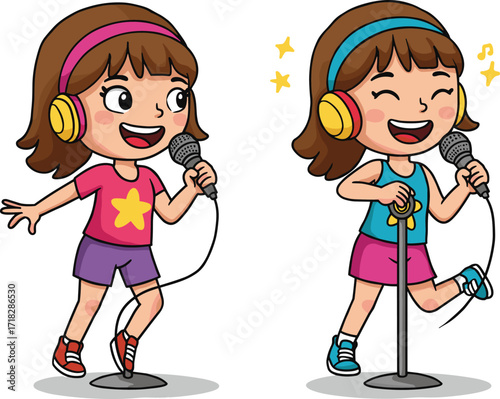 Cartoon cute girl singing with microphone, wearing headphones, performing music on stage, happy child singer character illustration for kids entertainment