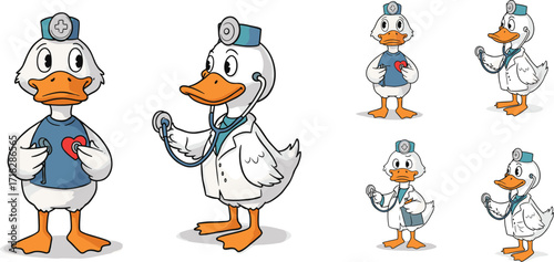 Cartoon duck doctors with stethoscope, funny animal healthcare characters, adorable duck physician illustration for hospital, veterinary, clinic, medicine and medical design