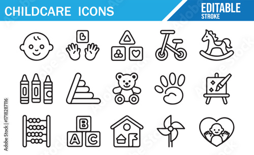 Editable stroke illustrations of baby care, toys, and creative learning activities