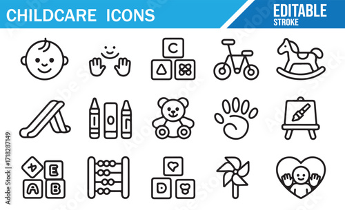 Childcare outline icons pack for nursery, preschool, and early childhood education