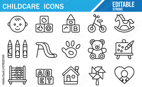 Modern glyph outline icons representing childcare, preschool, and fun activities