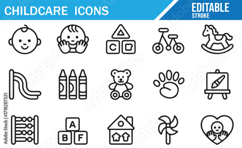 Editable childcare line icons set for baby care, toys, and preschool learning concepts
