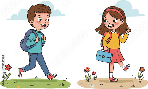 Cartoon children walking outdoors, happy boy and girl, school kids illustration, cheerful childhood moment, outdoor activity, education, lifestyle, fun, colorful