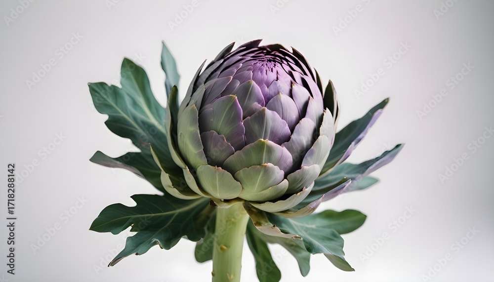 Obraz premium Close-up of a vibrant artichoke flower with green leaves against a soft background.
