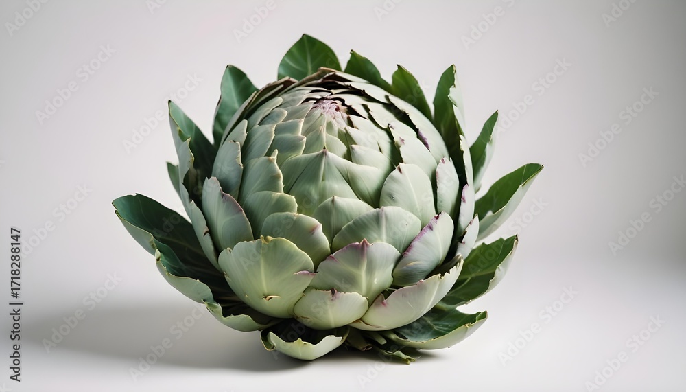 Fototapeta premium A vibrant artichoke with lush green leaves on a clean, white background.