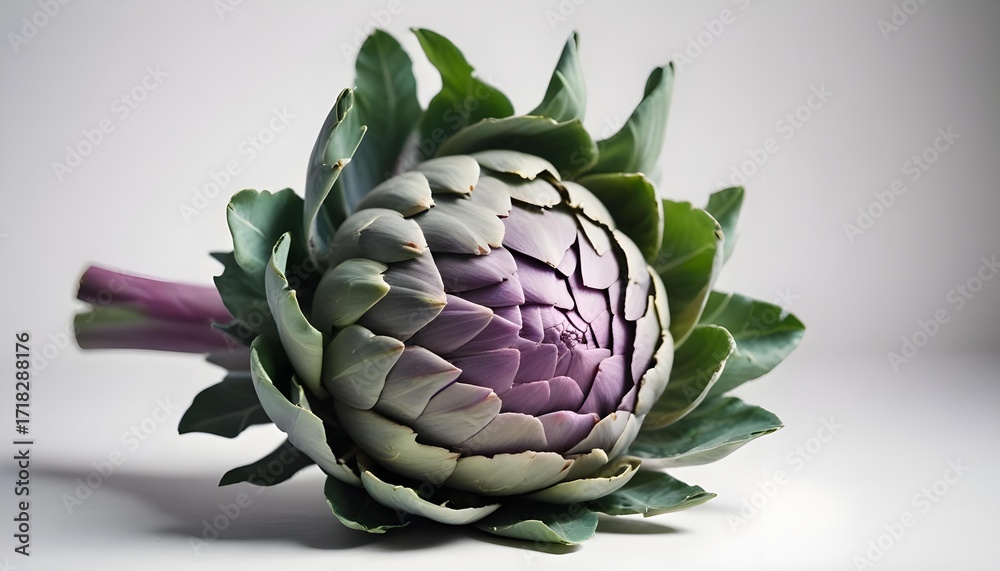 Fototapeta premium Close-up of a vibrant artichoke on a white surface.