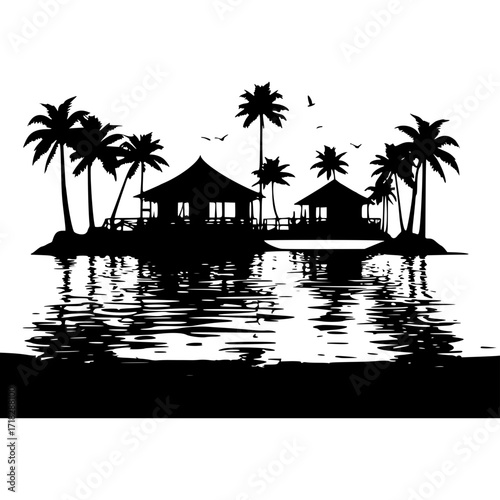 Island tropical beach bungalow palm trees silhouette vector illustration