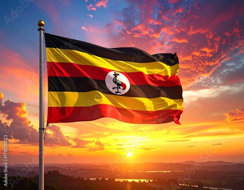 Ugandan flag waving at sunset, crowned crane emblem centered, vivid sky and landscape backdrop.