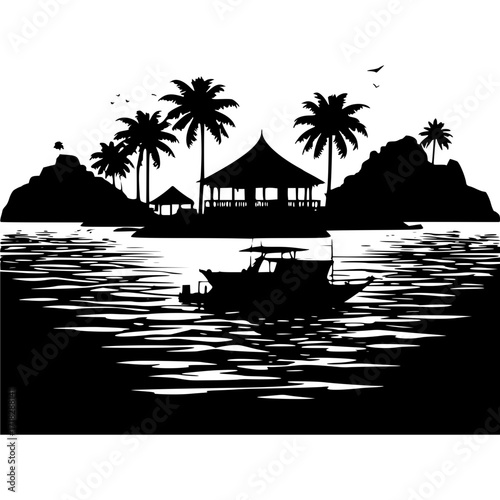 Silhouette tropical island boat scene vector illustration design art