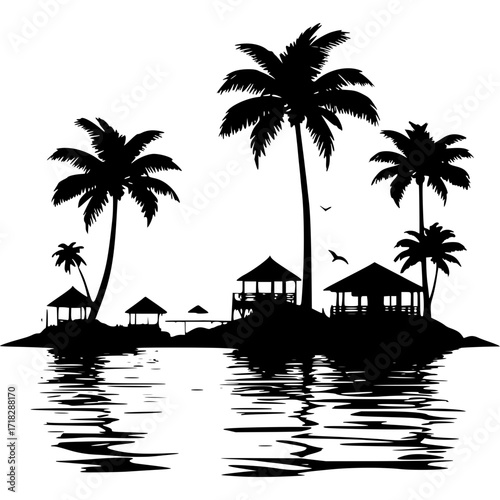 Tropical island silhouette with palm trees vacation beach resort scene