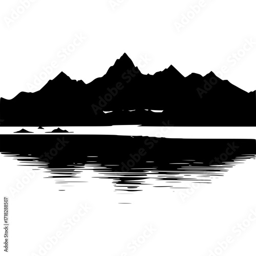 Silhouette mountain range vector graphic with water reflection design art