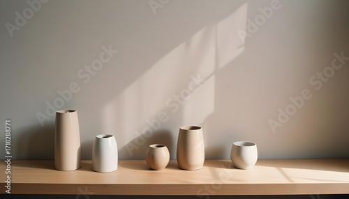Minimalist vases on a wooden shelf with shadows on the wall