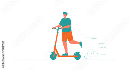 Young Man Enthusiastically Rides Electric Scooter, Illustrated Design, Vector Graphic