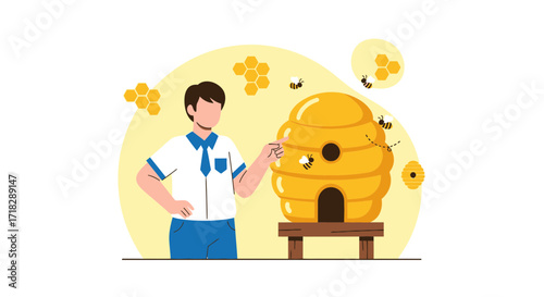 Young Man Examining A Beehive, Honeycomb And Bees In Creative Flat Illustration Format