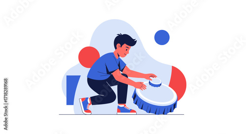 Young Man Interacting With a Modern Robot Vacuum Cleaner, Ready for Cleanliness at Home