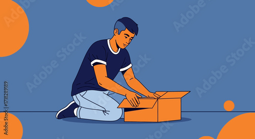 Young Man Inspecting A Delivered Package With Curious Anticipation And Eagerness