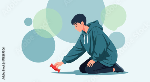 Young Man Reaching For A Wrapped Candy, Capturing Sweetness and Simple Pleasure