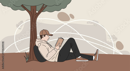 Young Man Read A Book Under The Tree Enjoying The Calm And Peaceful Atmosphere