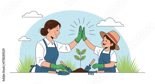Mother And Daughter Celebrating Planting A Tree In The Garden With A High-Five Gesture