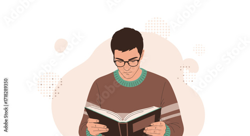 Young Man Reading A Book With Glasses And Sweater, Artistic And Clean Illustration