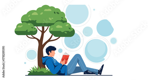 Young Man Reading Book Beneath Tree: Leisure, Relaxation, and Peaceful Moments