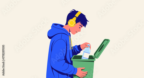 Young Man Recycling Plastic Bottle, Listening To Music, Championing Environmental Stewardship