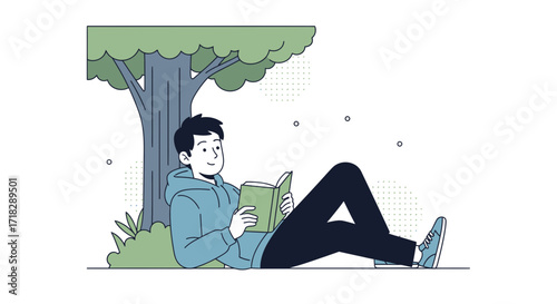 Young Man Reclining Beneath a Tree, Absorbed in Reading a Book Outdoors