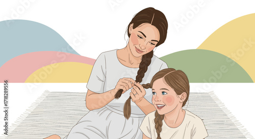Mother Braiding Her Daughter's Hair with Sweet Tenderness and Love, Enjoying Precious Time Together