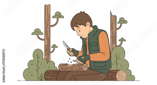 Young Man Skillfully Whittles Wood Log Outdoors At Leisure Time Enjoying Nature