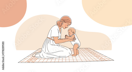 Mother Guiding Her Child's First Steps Depicted In An Artistic Minimalist Illustration