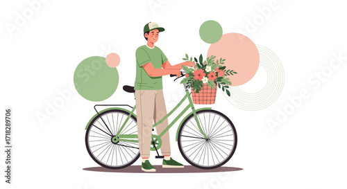 Young Man With Bicycle Filled With Flowers, Ready For Delivery With Abstract Background