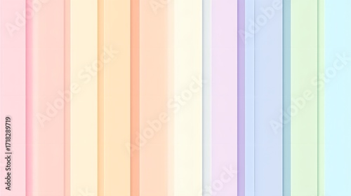 A vertical striped design features a spectrum of pastel hues, transitioning smoothly from light pinks and peaches to soft blues and greens.