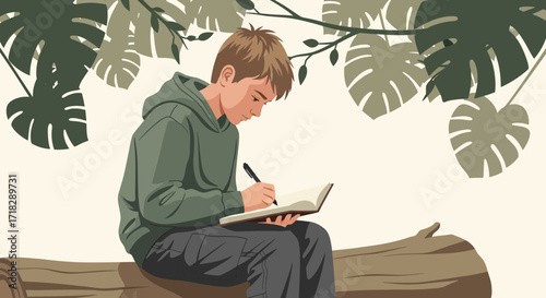 Young Man Writing in A Journal Underneath Tropical Foliage in An Artistic Illustration