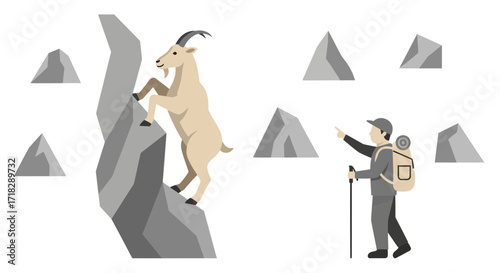 Mountain Goat Ascends Rocky Cliff While Hiker Observes Peaks In Vivid Digital Illustration